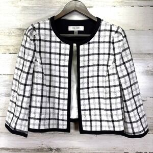 Jones Studio Womens White Black Plaid 3/4 Slv Open Front Crop Blazer Jacket 10